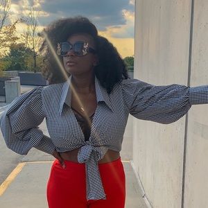 Black and white front tie cropped top